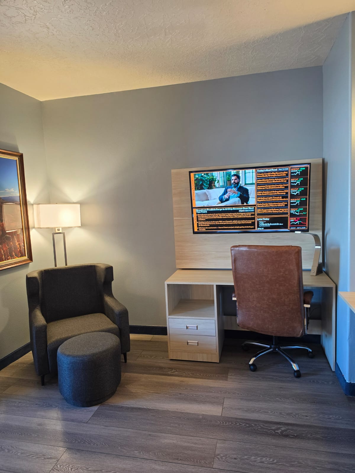 Armchair, ottoman and desk with wall-mounted TV on wood-style floors — Best Western Vernal Inn, Vernal Utah